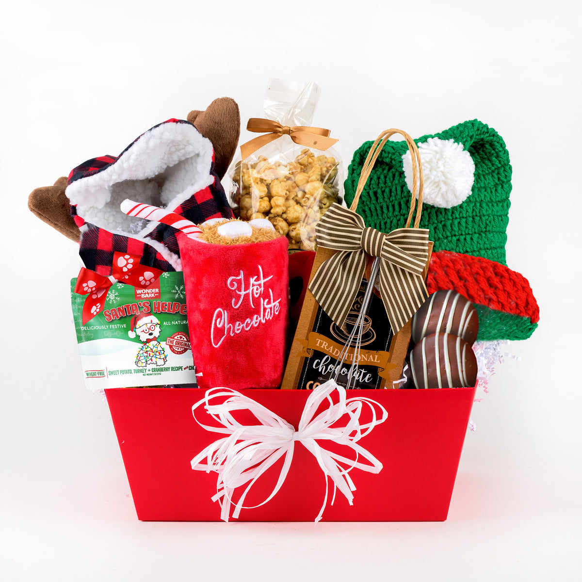 Holiday Hats & Hot Cocoa Gourmet Snacks and Toys Holiday Gift Basket by Lucca the Napa Dog