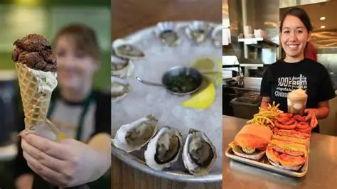 Three pictures are shown; on the left an outstretched hand holds a double scoop of ice cream in a waffle cone. In the middle, oysters and served in a bowl over ice. On the right, a smiling employee holds a packed tray of burgers and fries.