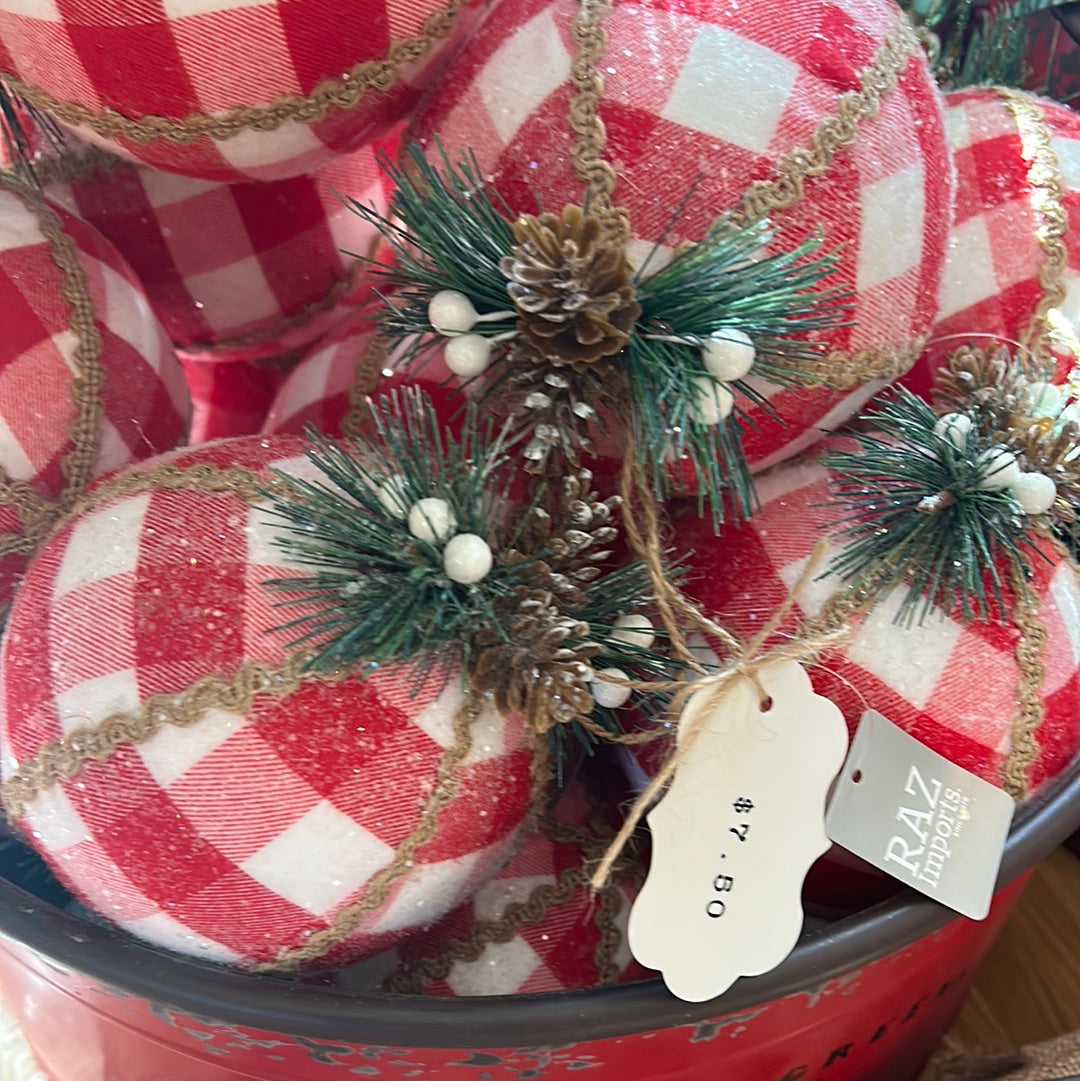 6" Red and White Plaid Ball Ornament