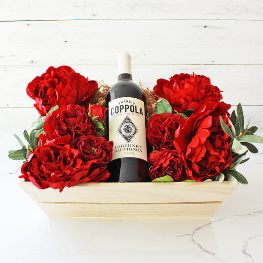 Everlasting Holiday Red Flowers and Wine Gift Crate