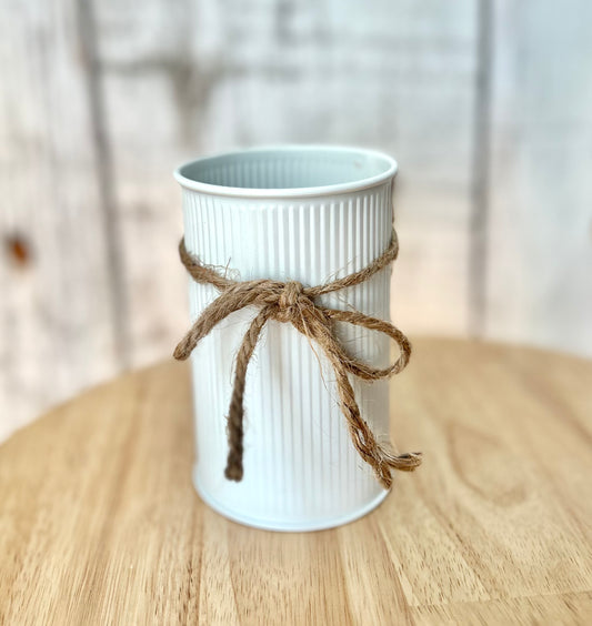 White Vintage Metal Tin Flower Vase with Twine Bow